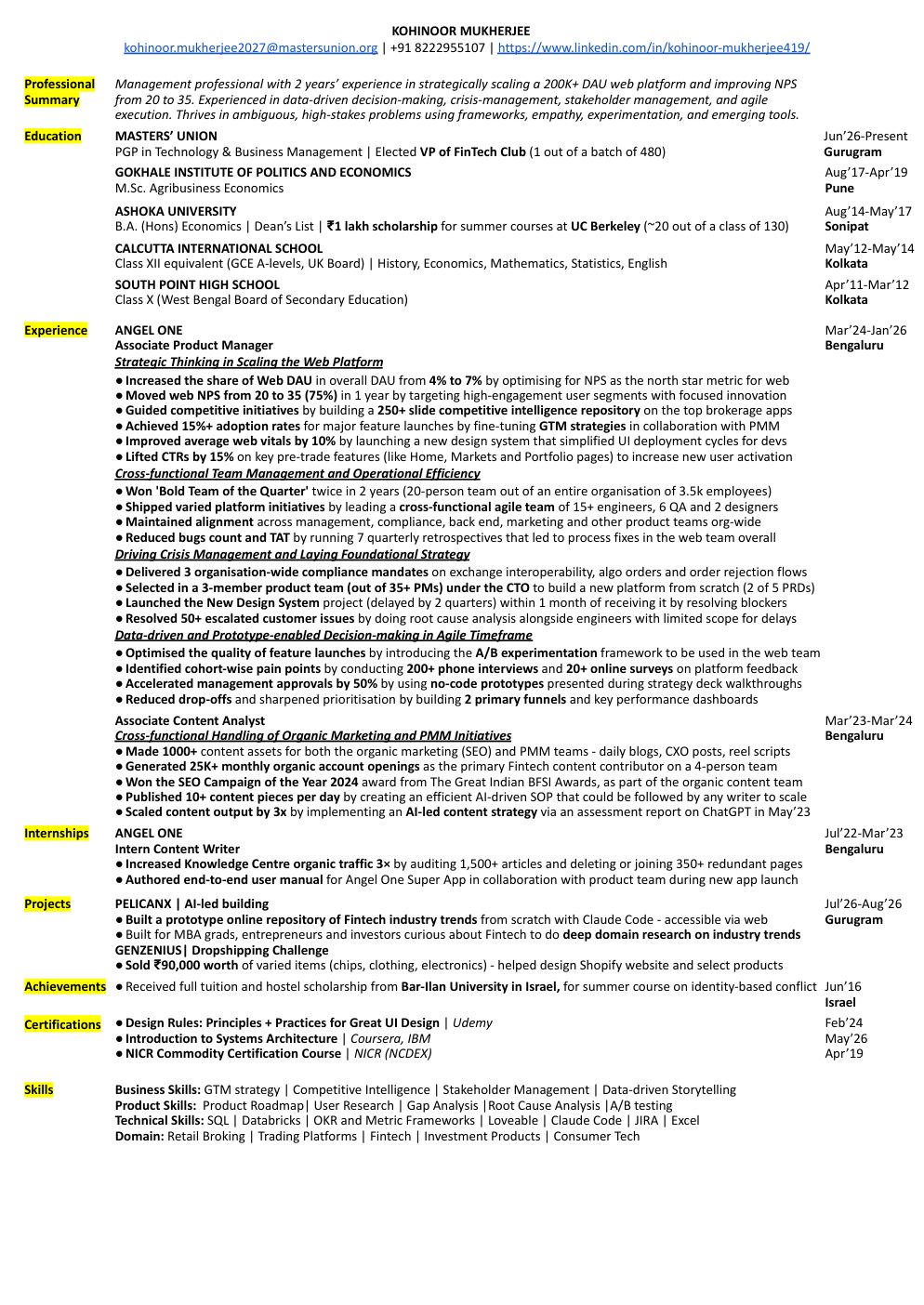 Kohinoor Mukherjee's CV