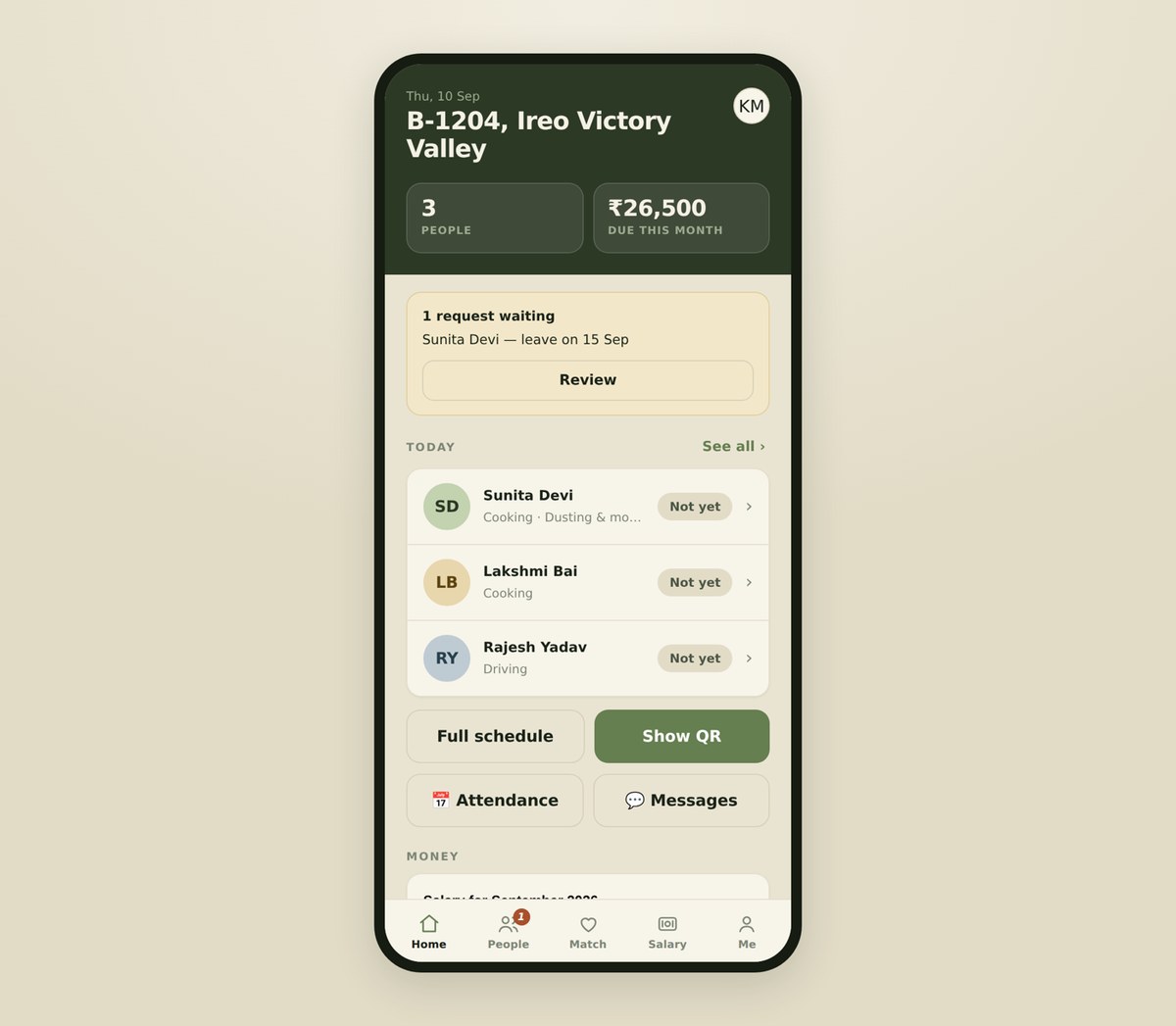 GharOS running on a phone: the household home screen with three helpers, the month's salary due, and a pending leave request